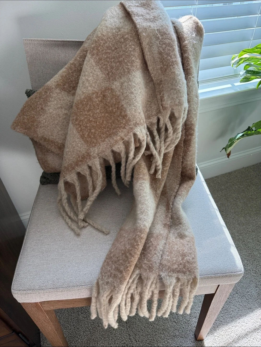 Cozy Beige Plaid XL Scarf - Soft Fringe Accent